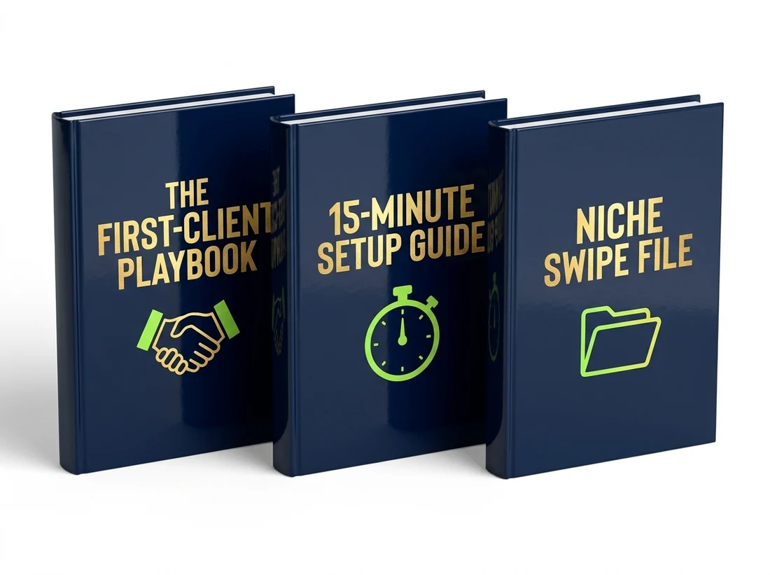 Three bonus guides: First-Client Playbook, Setup Guide, Niche Swipe File.
