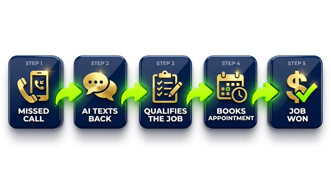 5-step flow: missed call, AI texts back, qualifies the job, books appointment, job won.