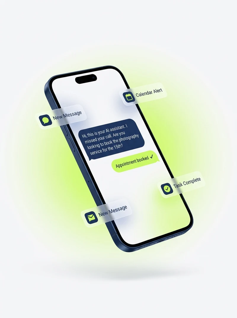 Phone showing the AI texting a missed caller back and booking the appointment.
