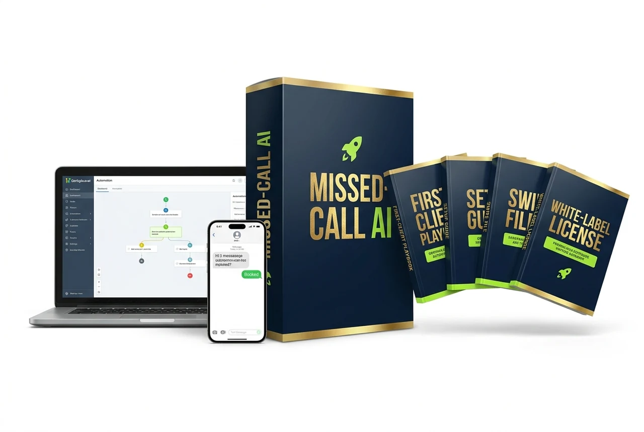Everything included: the Missed-Call AI snapshot, the GoHighLevel dashboard, the AI booking SMS, plus the First-Client Playbook, Setup Guide, Swipe File and white-label license.